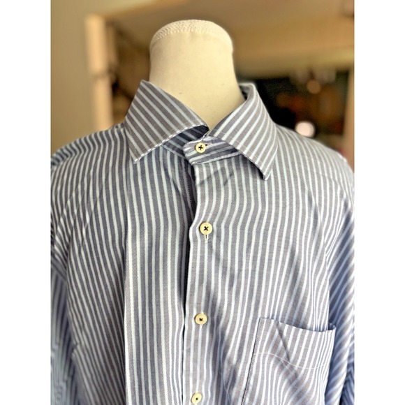 Peter Millar Mens Shirt XL Blue White Striped Button Up 100% Cotton Pocket - Picture 1 of 9